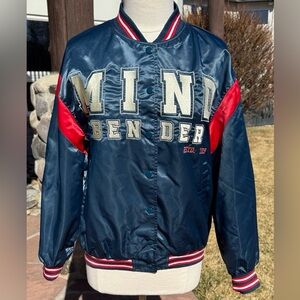 Bershka Navy Satin MIND BENDER Letterman-Style Jacket with Red Accents